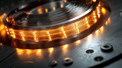 Poster - Close-up of glowing strands inside a fiber optic cable placed on a metallic surface, highlighting the advanced technology and durability of fiber optics, with copy space on the side