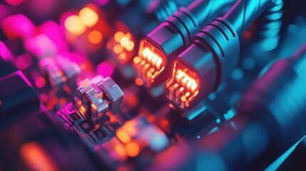 Poster - Close-up of neatly organized fiber optic MTP (MPO) pigtail and patchcord connectors, representing cutting-edge networking solutions in a tech workspace