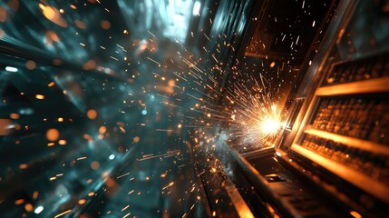 Poster - Close-up of welding sparks in an industrial setting, blending with abstract machinery and steel, creating a dynamic and modern backdrop for manufacturing or engineering visuals