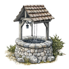 Poster - A detailed illustration depicts a rustic stone well with a wooden roof and chains hanging down into the water.