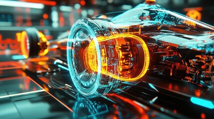 Aufkleber - Designer focused on creating the layout of an electric sport car suspension system, with holographic projections illustrating the internal mechanics and structure