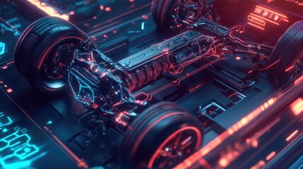 Aufkleber - Designer focused on creating the layout of an electric sport car suspension system, with holographic projections illustrating the internal mechanics and structure