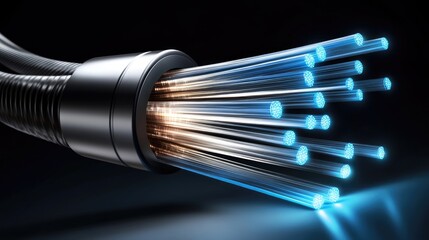 Poster - Detailed view of glowing strands within a fiber optic cable on a metallic surface, showcasing cutting-edge technology and providing space for text or graphics