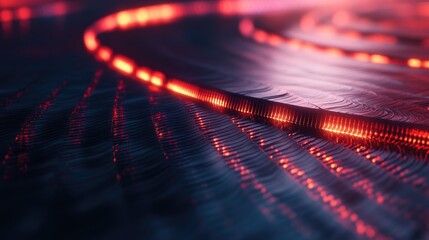 Poster - Detailed view of glowing strands within a fiber optic cable on a metallic surface, showcasing cutting-edge technology and providing space for text or graphics