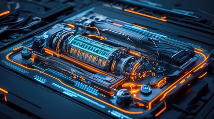 Aufkleber - Digital interface with a detailed 3D model of a battery cooling system, highlighted with neon lights to enhance futuristic design elements