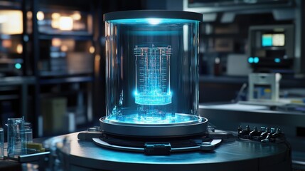 Aufkleber - Digital screen showcasing a 3D holographic model of an energy storage system in a futuristic research laboratory, symbolizing breakthrough technology and innovation
