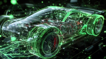 Poster - Dynamic holographic interface with a 3D model of a sport car energy system, featuring interconnected advanced components and energy flow data
