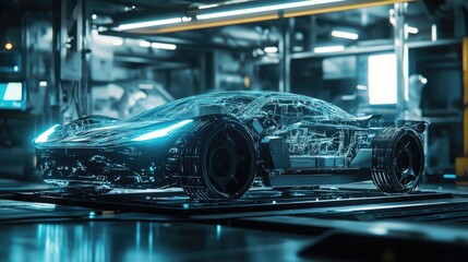 Aufkleber - Electric sport car chassis in an automated factory, shown as a 3D hologram, with detailed design features and futuristic manufacturing techniques