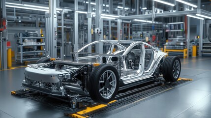 Poster - Electric sport car chassis in an automated factory, shown as a 3D hologram, with detailed design features and futuristic manufacturing techniques