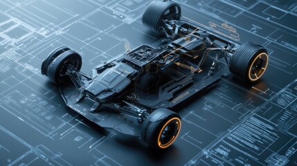 Poster - Electric sport car suspension system model with a glowing digital interface and detailed blueprint, emphasizing the cutting-edge engineering and design capabilities