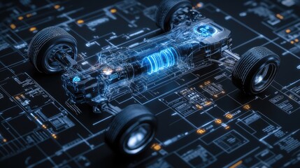 Poster - Electric sport car suspension system model with a glowing digital interface and detailed blueprint, emphasizing the cutting-edge engineering and design capabilities