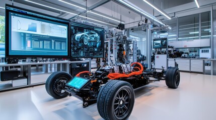 Aufkleber - Electric vehicle powertrain showcased in a high-tech laboratory, enhanced with holographic displays of performance metrics, diagnostics, and real-time data analysis