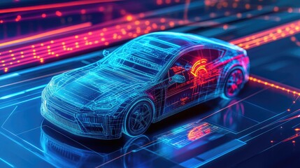 Aufkleber - Electric vehicle racing around a neon-lit circuit, with holographic displays showing real-time vehicle statistics, demonstrating speed and innovation