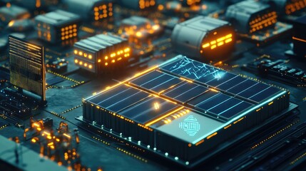 Poster - Energy storage system in a renewable energy facility, enhanced with digital interfaces and glowing solar panels, showcasing efficiency and eco-friendly innovation