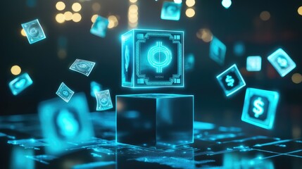 Poster - Floating currency symbols placed on a futuristic cubic pedestal, showcasing digital finance and economic innovation