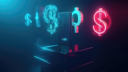 Poster - Floating currency symbols placed on a futuristic cubic pedestal, showcasing digital finance and economic innovation