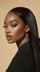 Poster - Soft light highlights the stunning features of a Black woman with long, straight hair and captivating makeup. Her confident gaze and chic style create an aura of grace and sophistication