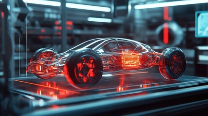Poster - Futuristic factory environment with a holographic model of an electric sport car chassis, displaying detailed design and innovative engineering elements