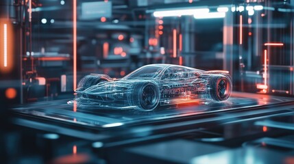 Poster - Futuristic factory environment with a holographic model of an electric sport car chassis, displaying detailed design and innovative engineering elements