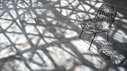 Poster - Geometric shadows created by sunlight on a cracked white and grey surface, casting intricate patterns from a metallic chair, ideal for minimalistic or modern design projects