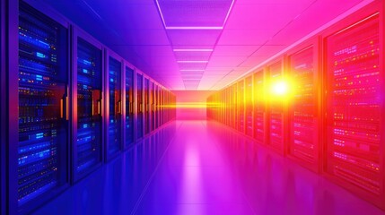 Leinwandbilder - Glowing server racks in a data center, emphasizing cybersecurity operations. The right side is left empty for customized text or graphic overlays