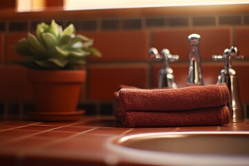 Aufkleber - Close-up view of a modern bathroom sink showcasing a polished chrome faucet, neatly rolled hand towels, and a potted plant, illuminated by natural light