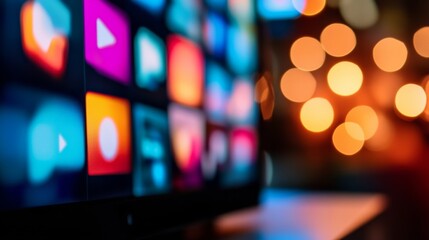 Poster - A multimedia display features various streaming channel visuals surrounded by soft glowing lights, highlighting modern technology and content diversity