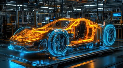 Poster - Holographic display of an electric sport car chassis in an automated factory, highlighting the precision and innovation in its design and engineering