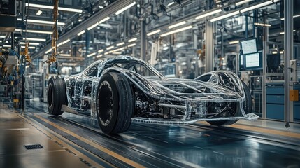 Poster - Holographic display of an electric sport car chassis in an automated factory, highlighting the precision and innovation in its design and engineering