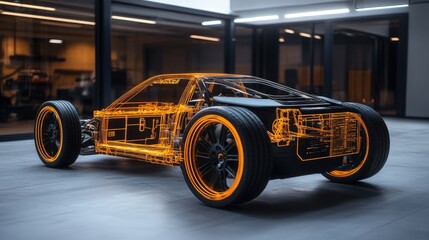 Aufkleber - Lightweight chassis of an electric vehicle displayed with a digital holographic interface showing live performance data, stress analysis, and engineering insights