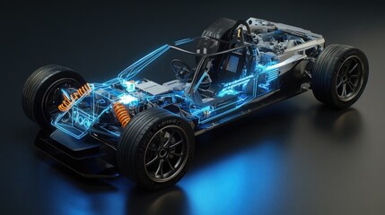 Aufkleber - Lightweight chassis of an electric vehicle displayed with a digital holographic interface showing live performance data, stress analysis, and engineering insights
