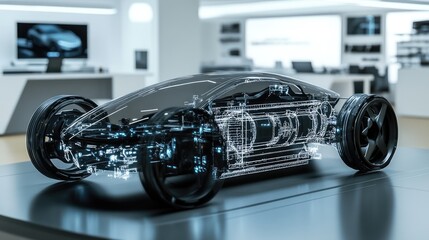 Aufkleber - Lightweight chassis of an electric vehicle, enhanced by a dynamic holographic display showing real-time performance and engineering stress analysis