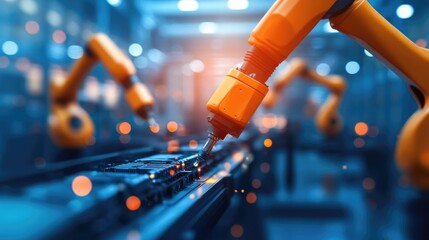 Aufkleber - Manufacturing facility with robotic arms assembling battery cell housing systems, featuring ambient lighting that highlights the high precision and efficient production process