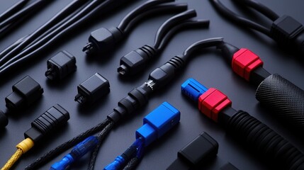 Poster - Neatly arranged MTP (MPO) pigtail and patchcord fiber optic connectors, showcasing high-performance networking solutions in a professional tech setting
