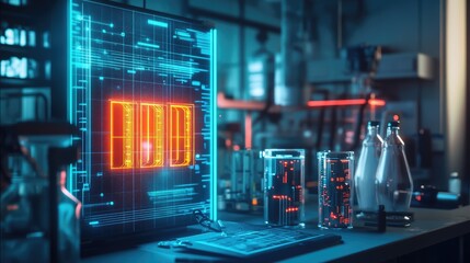 Poster - Neon-lit laboratory scene showing a 3D battery cooling system model on a digital interface, symbolizing advanced technology and cooling efficiency
