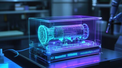 Poster - Neon-lit laboratory scene showing a 3D battery cooling system model on a digital interface, symbolizing advanced technology and cooling efficiency