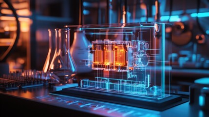 Poster - Neon-lit laboratory scene showing a 3D battery cooling system model on a digital interface, symbolizing advanced technology and cooling efficiency