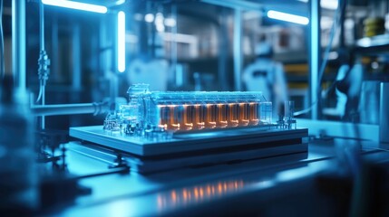 Poster - Neon-lit laboratory scene showing a 3D battery cooling system model on a digital interface, symbolizing advanced technology and cooling efficiency