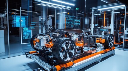 Aufkleber - Powertrain of an electric vehicle displayed in a high-tech lab with holographic elements showing performance metrics, diagnostics, and key data for system analysis