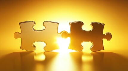 Poster - Puzzle pieces being connected on a yellow backdrop, representing business strategy, ideas, and solutions coming together to form success