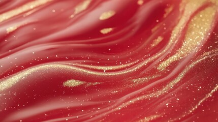 Poster - Red liquid with shimmering golden sparkles swirling in a mesmerizing pattern, evoking a cosmic, magical feeling through fluid motion