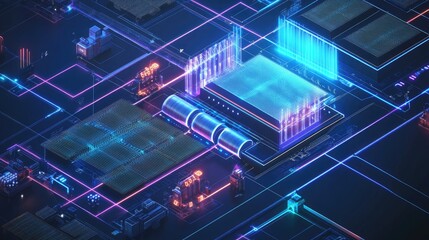 Poster - Renewable energy facility with an advanced energy storage system, digital interfaces, and holographic solar panels, showcasing innovation in sustainable energy solutions