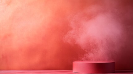 Poster - Close-up view of a red podium designed for modern displays, highlighted by soft pastel clouds and dreamy lighting, offering thoughtful copy space on the right side
