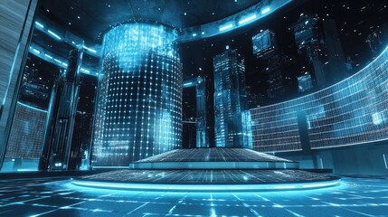 Poster - Renewable energy facility with an advanced energy storage system, digital interfaces, and holographic solar panels, showcasing innovation in sustainable energy solutions