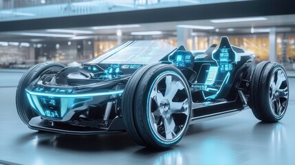 Aufkleber - Sleek electric vehicle chassis shown with holographic digital interface, offering real-time performance data and stress analysis for engineering insights