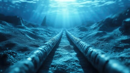 Poster - Submarine fiber optic cables resting on the seabed, transmitting signals that power global internet and communications, representing the technological bridge across oceans