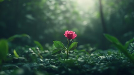 Poster - Single rose blooms elegantly in a backyard garden, surrounded by rich greenery and soft light, highlighting its delicate petals and serene atmosphere