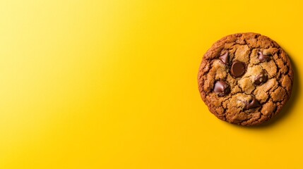 Poster - A single chocolate chip cookie rests on a pastel yellow background, highlighting its textured surface and melty chocolate chips, inviting indulgence and warmth