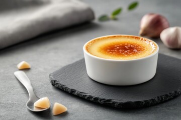 Aufkleber - Delight in a creamy creme brulee topped with a golden caramelized sugar crust, set on a textured slate plate and accompanied by a silver spoon, with ambient lighting