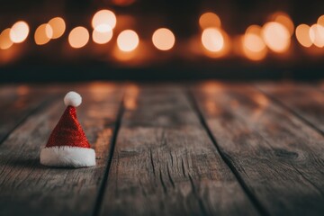 Poster - A vibrant red Santa hat rests on a rustic wooden table, surrounded by softly glowing lights and a blurred fireplace, creating a warm holiday atmosphere